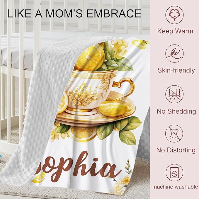Personalized Baby Crib Bedding Set, Custom Name Lemon Tea Design Baby Bedding 2-Pcs Set-Soft Double Layer Dotted Blanket and Fitted Sheet, Nursery Bedding for Newborn Boys Girls, Perfect Shower Gift