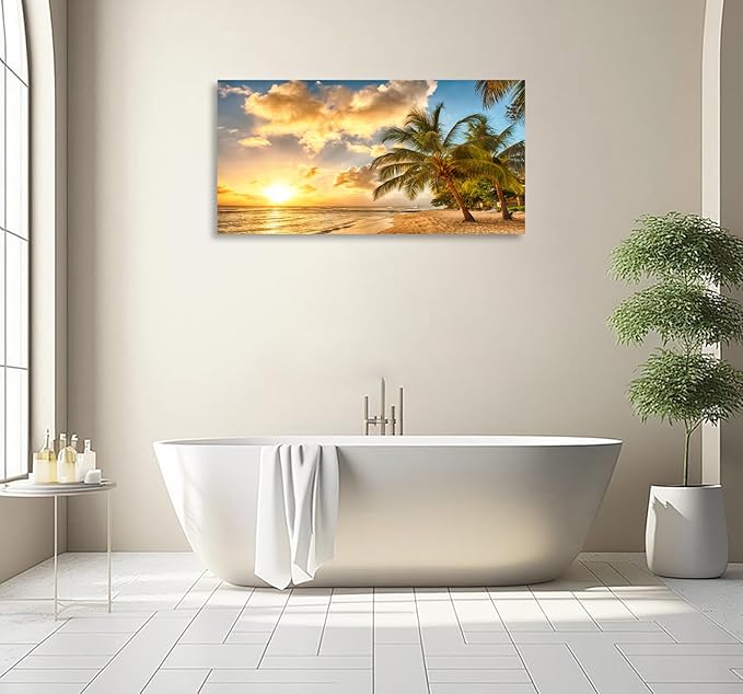 KUNHAAH Wall Art Canvas Painting Golden Ocean Beach Palm Tree 1 Piece Sunset See Coconut Trees Landscape Picture Poster Print Framed and Stretched Ready to Hang for Living Room Bedroom Office Artwork