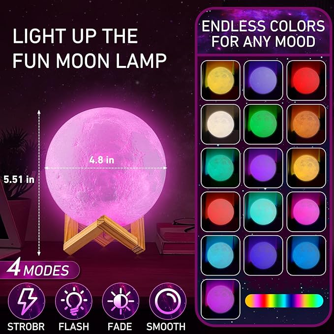 LOGROTATE Moon Lamp, 16 Colors LED Night Light for Kids 3D Printing Moon Light with Stand& Remote/Touch Control & Timing, Moon Light Lamp for Kid Friend Birthday Gifts, Room Decor (Diameter 4.8 INCH)