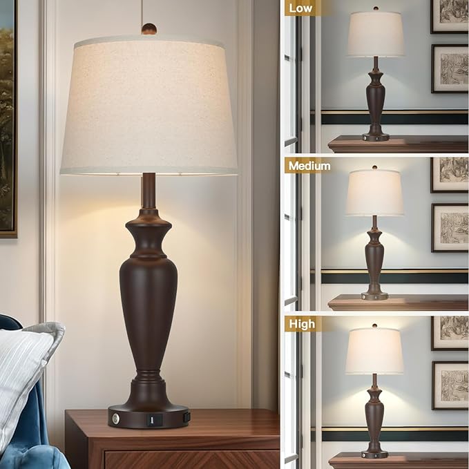 luxeflow 30" Tall Brown Table Lamps Set of 2 for Living Room, Touch Control Bedside Lamps for Bedroom Nightstand, 3-Way Dimmable Farmhouse Lamps with Charging Ports (2 LED Bulbs Included)
