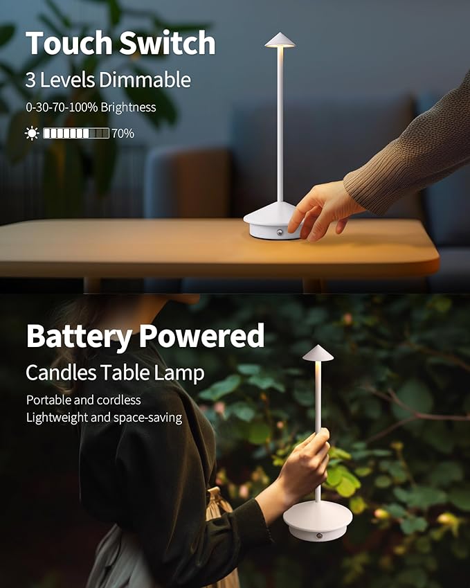 NEWSEE Modern Cordless Table Lamp Set of 2, Portable LED Desk Lamps, 5000mAh Rechargeable Battery Operated Lighting for Bedroom Dining Room Restaurant Coffee Shop Camping Night Light (White)