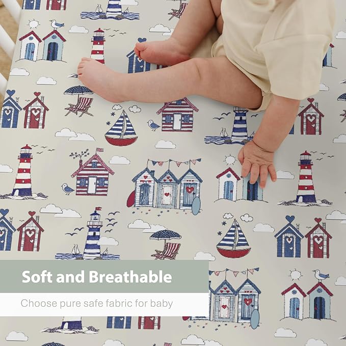 Beach Huts Boats Lighthouse Baby Crib Sheets for Boy Girl 28"x52" Summer Seaside Holiday Soft Snug Fitted Crib Mattress Cover Marine Ocean Nautical Baby Sheet for Standard Crib & Toddler Bed Mattress
