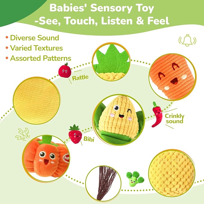 Baby Sensory Toys - Plush Color Sorting Fruit Veggie Baby Toys 6-12 Months, Pretend Play Food with Rattle Crinkle for Toddlers 1-3, Montessori Toys for 1 Year Old Boys Girls Birthday