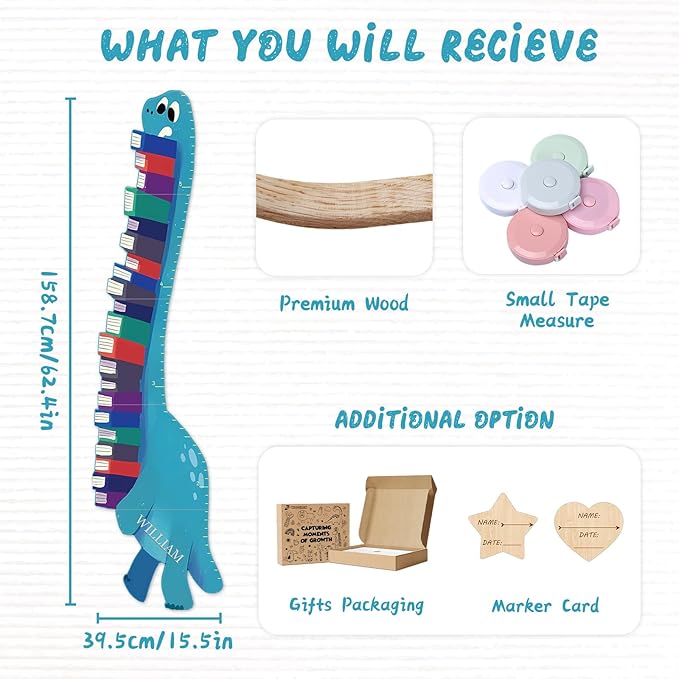Woodemon Personalized Name Growth Chart for Wall, Dinosaur Book Wooden Growth Chart Kids Height Chart,Growth Ruler for Toddler Playroom Decor 62.4" x 15.5"