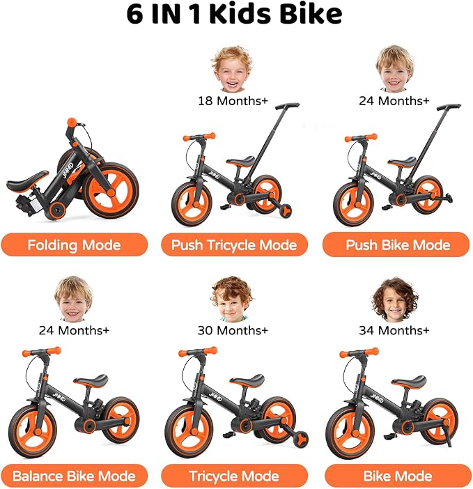 JMMD 6 in 1 Toddler Bike with Push Handle for Kids 18-60 Months, 12" Foldable Balance Bike with Training Wheels, Pedals, Brakes, Kickstand, Push Tricycle Toddler Gift & Toys for Boy & Girl