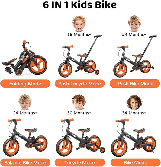 JMMD 6 in 1 Toddler Bike with Push Handle for Kids 18-60 Months, 12" Foldable Balance Bike with Training Wheels, Pedals, Brakes, Kickstand, Push Tricycle Toddler Gift & Toys for Boy & Girl