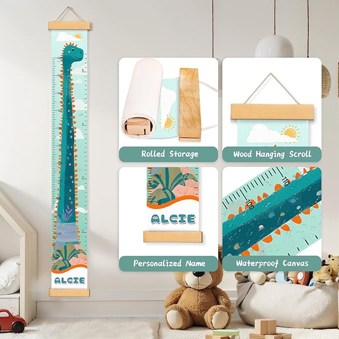 Woodemon Personalized Name Growth Chart for Kids, Cute Dinosaur Baby Height Chart, Canvas Height Measuring Rulers for Boys Girls, Nursery Decor Baby Boy Girl Growth Ruler Measuring Board