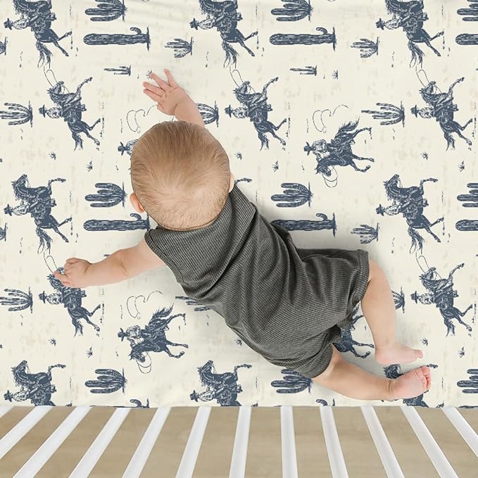 Vintage Western Cowboys Baby Crib Sheets for Boy Girl 52"x28" Retro Cowboy Horse Cactus Soft Stretchy Fitted Crib Mattress Cover Wild Desert Nursery Baby Sheet Fits Crib and Toddler Bed Mattresses
