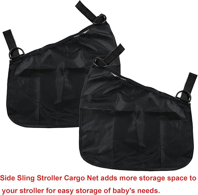 Anglepingping 2 Pack Universal Side Sling Stroller Cargo Net, Non-Slip and Adjustable Straps Storage Mesh Bag,Portable Mesh Storage Organizer (Black)