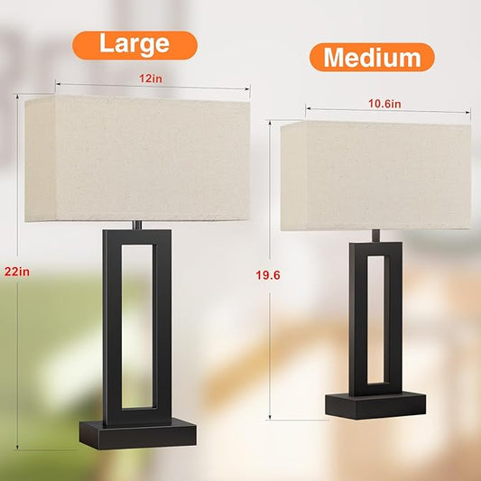 Modern 22" Tall Bedside Lamps for Night Stands - Touch 3 Way Dimmable Bedroom Lamps (Set of 2) with USB C+A (Beige & Black)