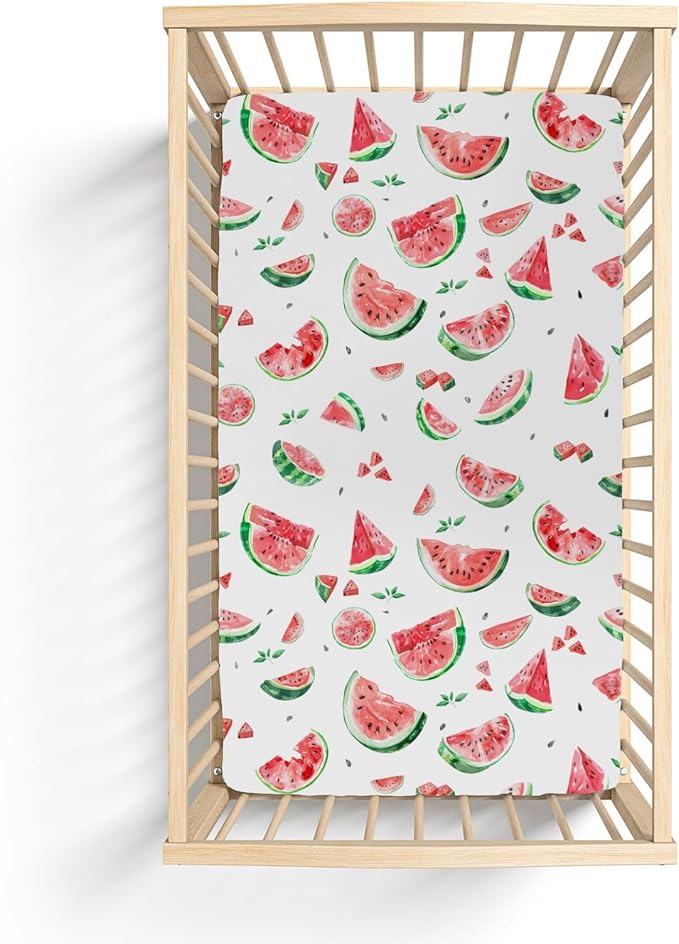 Watermelon Bites Leaves Baby Crib Sheets for Boy Girl 28"x52" Tropical Summer Fruits Soft Stretchy Fitted Crib Mattress Covers Beach Vacation Nursery Baby Sheet for Crib and Toddler Bed Mattresses