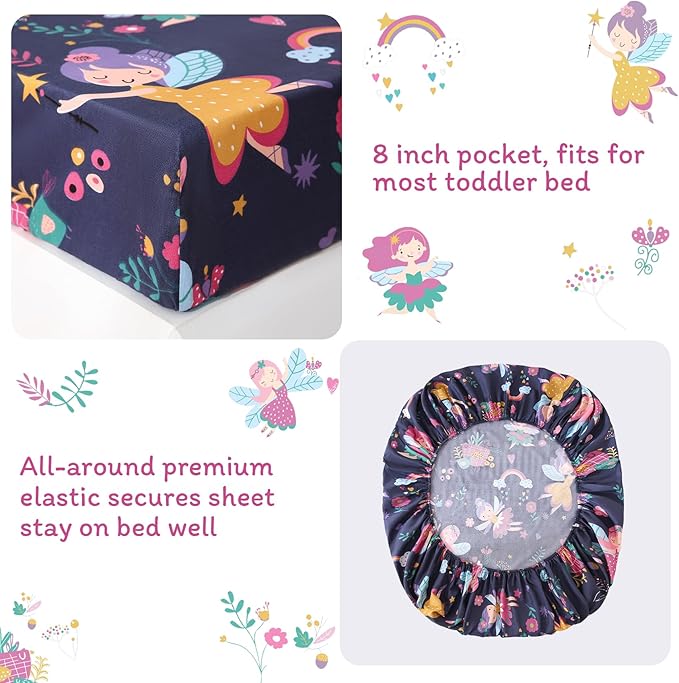 JSD Fairy Toddler Bedding Set, 4 Piece Bed-in-Bag Toddler Comforter and Sheet Set, Machine Washabale Comfortable