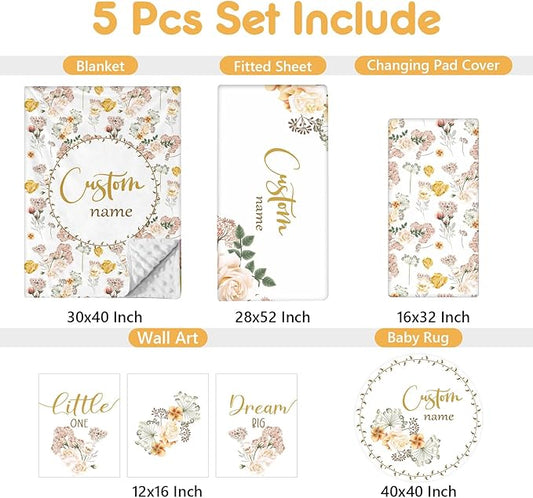 Personalized Baby Crib Bedding Set, 5 Pcs Custom Name Nursery Bedding Set, Yellow Flower Baby Bedding Set for Girl Boy, Double Layer Baby Crib Sets, Customized Gifts for Toddlers Kids Infants