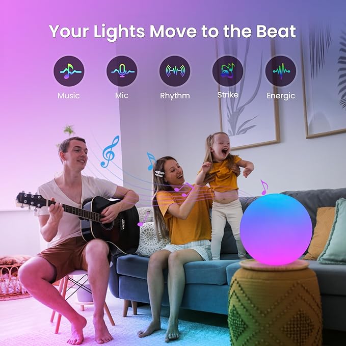 LOFTEK Color Changing Night Light, Smart LED Lamp with Bluetooth APP and Remote Control, Music Sync, 220 Scene Modes, 12-inch RGB Ball Mood Lighting for Living Room, Bedroom Event(Corded Electric)