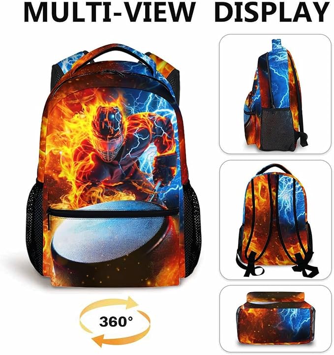 CustomWish Boys Backpack for School - Ice Hockey Backpacks for Kids Teens Elementary Middle Primary High Senior - 17 Inch Lightweight Large Capacity Sport Themed Bookbag Gift