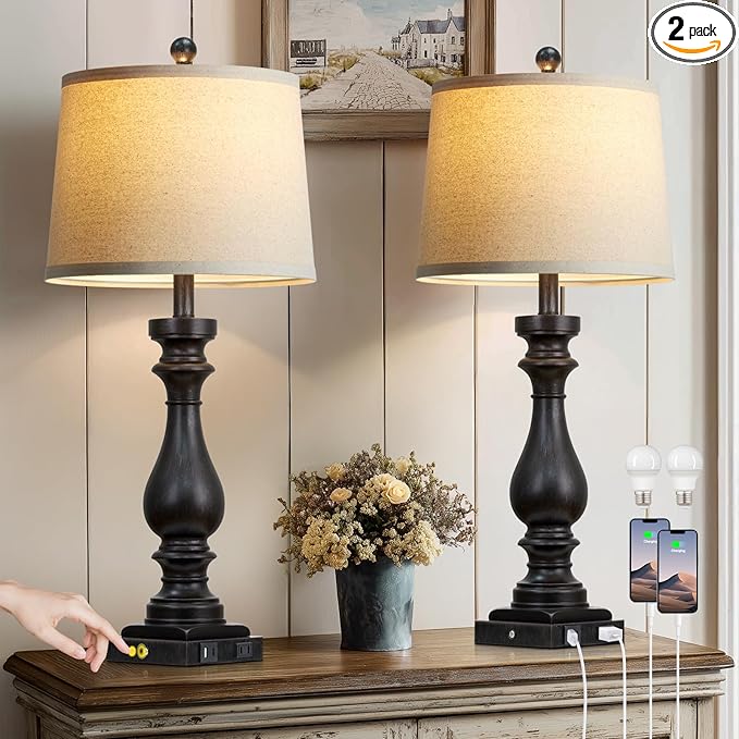 luxeflow 29" Tall Vintage Table Lamps Set of 2,Black Farmhouse Bedside Lamps with USB C+A Ports & AC Outlet,3-Way Dimmable Touch Lamp for Night Stands Living Room Bedroom,Black
