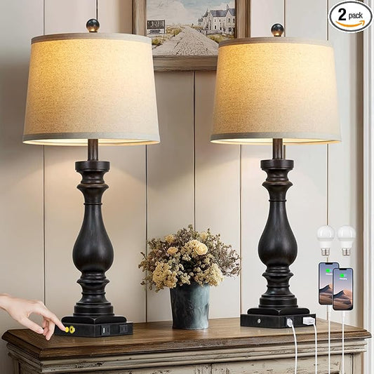 luxeflow 29" Tall Vintage Table Lamps Set of 2,Black Farmhouse Bedside Lamps with USB C+A Ports & AC Outlet,3-Way Dimmable Touch Lamp for Night Stands Living Room Bedroom,Black