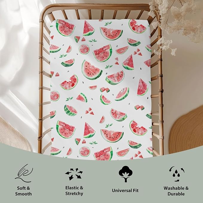 Watermelon Bites Leaves Baby Crib Sheets for Boy Girl 28"x52" Tropical Summer Fruits Soft Stretchy Fitted Crib Mattress Covers Beach Vacation Nursery Baby Sheet for Crib and Toddler Bed Mattresses