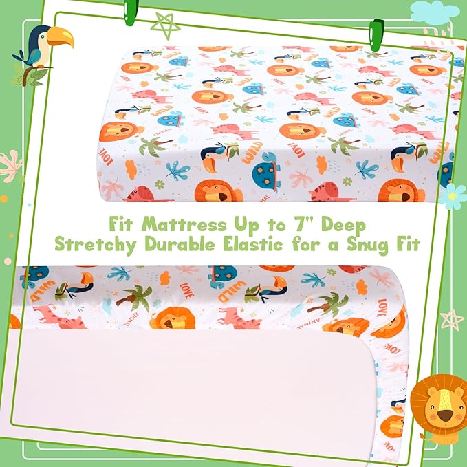 UOMNY Crib Sheet 52x28 Baby Sheet for Girls Boys,Breathable Animal Jungle Fitted Crib Sheet for Standard Crib and Toddler Mattress Soft Toddler Sheet