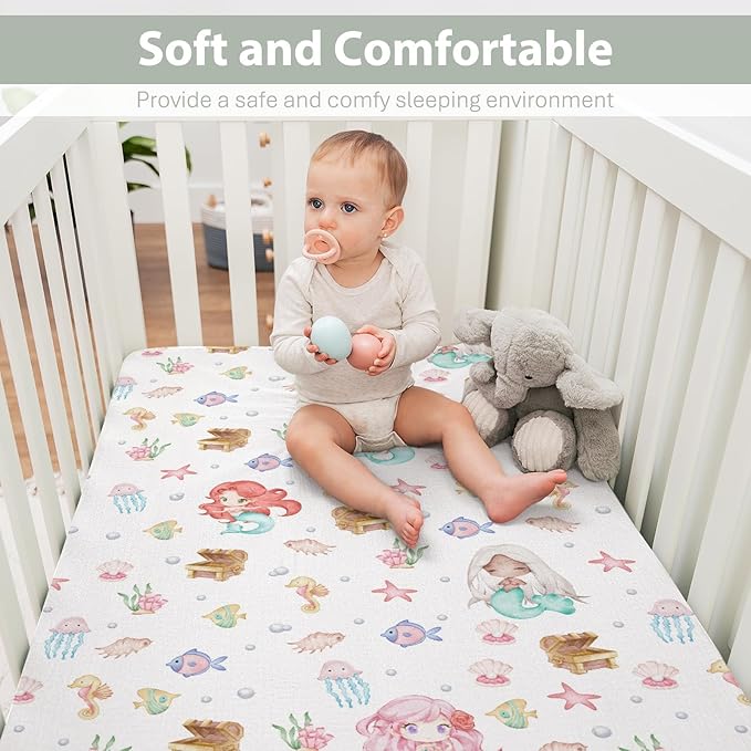 Cute Mermaids Baby Crib Sheets for Boy Girl 28"x52" Mystical Mermaids Fishes Sea Horse Jellyfish Soft Snug Fitted Crib Mattress Cover Ocean Animals Baby Sheet for Standard Crib & Toddler Bed Mattress
