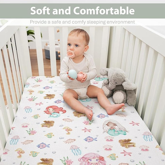 Cute Mermaids Baby Crib Sheets for Boy Girl 28"x52" Mystical Mermaids Fishes Sea Horse Jellyfish Soft Snug Fitted Crib Mattress Cover Ocean Animals Baby Sheet for Standard Crib & Toddler Bed Mattress
