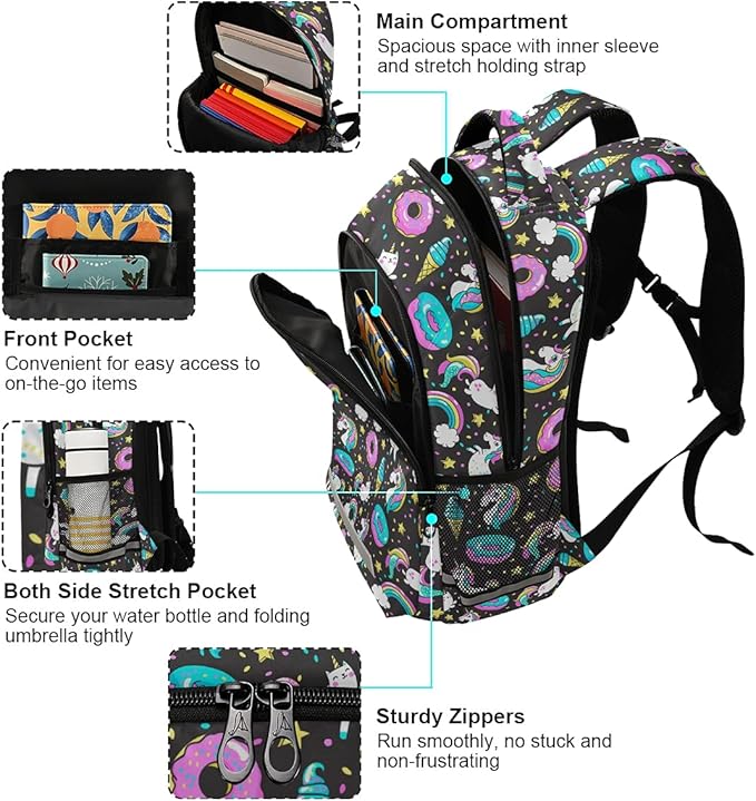 MNSRUU School Backpack with Chest Strap, Rainbow And Unicorns Laptop Backpack, Travel Hiking Backpack for Boys Girls, Rucksack, Knapsack