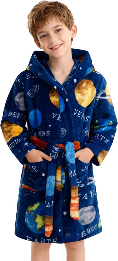 SANGTREE Boys Girls Robe Fleece Hooded Soft Toddler Bathrobe Cute Boys Bathrobe Fuzzy Plush Robes for Kids, 2-12 Years