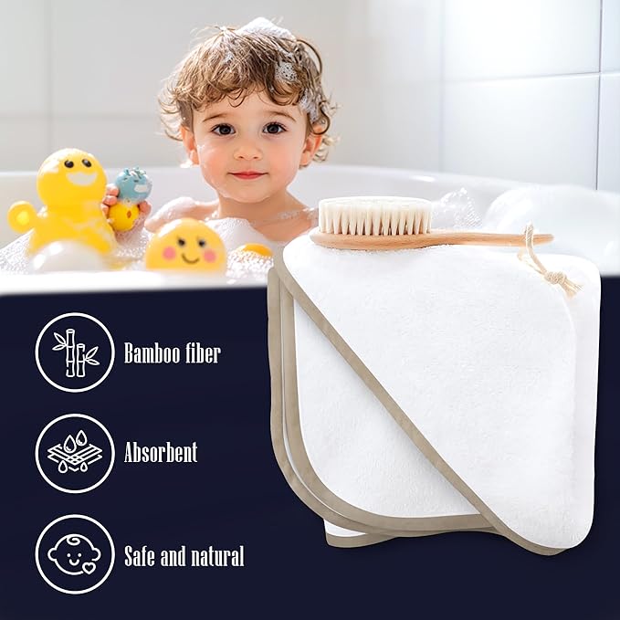 2 Pack Baby Bath Towel - Rayon Made from Bamboo, Ultra Soft Hooded Towels for Kids - X Large Size for 0-7 Yrs (White and Brown, 37.5 x 37.5 Inch)