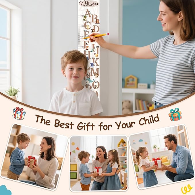 Personalized Name Growth Chart for Wall, Letter and Animal Canvas Height Measurement for Wall Removable, Height Ruler for Wall Kids Boys Girls, Nursery and Playroom Wall Decor