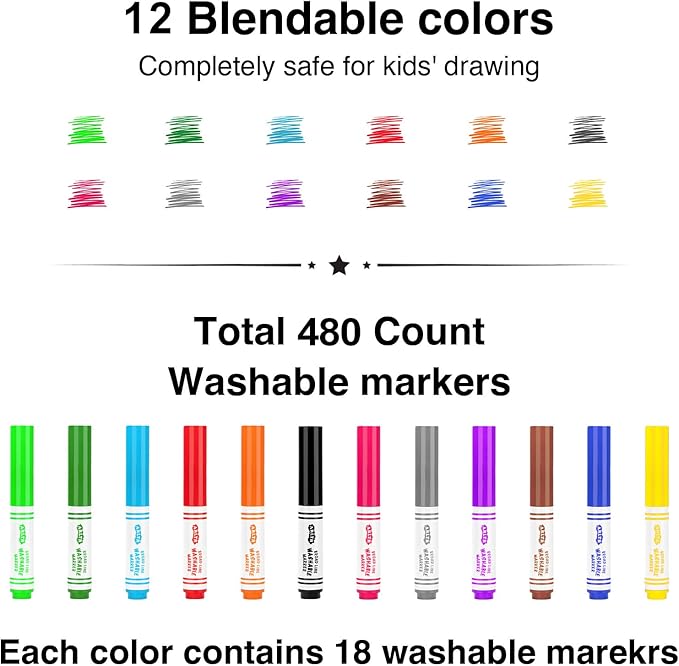 ARLTR Washable Markers Bulk, Bulk Pack, Broad Line Markers with Conical Tips- Perfect for Kids' Classrooms & Teachers (480 Count (12 Colors)