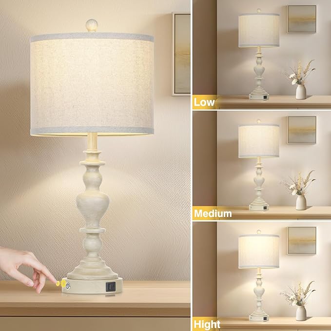 luxeflow 27" Farmhouse Table Lamps Set of 2, Vintage Bedside Lamps with USB A+C Charging Ports, 3-Way Dimmable Touch Control Traditional Nightstand Lamp for Living Room Beige (Bulbs Included)