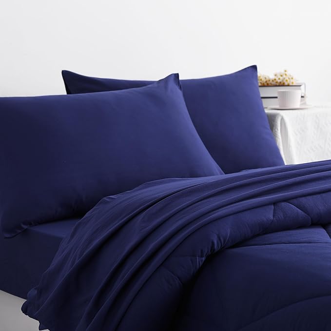 NTBAY Twin Comforter Set with Sheets, 5 Pieces Soft and Breathable Bedding Set, Bed in a Bag, Down Alternative Comforter Set Solid Color All Season, Kids Bedding Set, Navy Blue