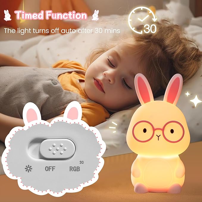 Bunny Lamp for Kids ,Rabbit Night Light with Color Changing, Rechargeable LED Nightlight for Easter Gift,Silicone Bedside Touch Lamp ,3 Levels Dimmable /Timmer Nursery Bedroom Light, Baby Room Decor