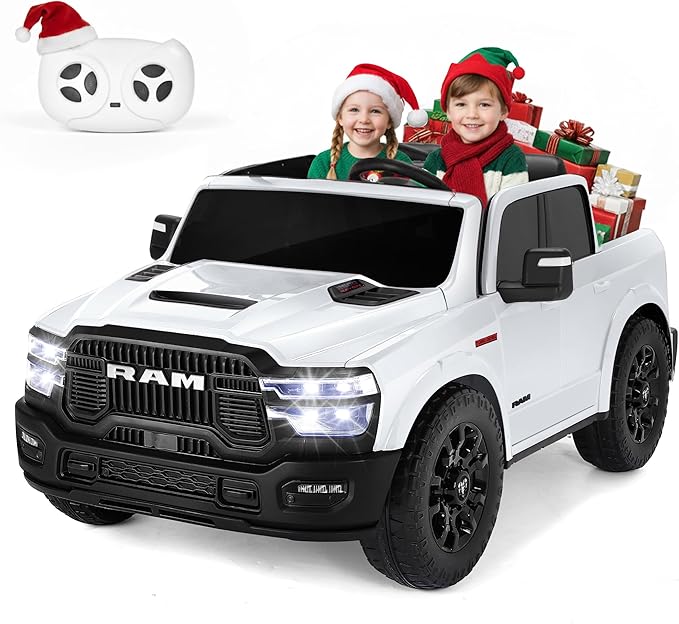 FUNTOK 24V 2 Seater Ride On Truck for Big Kids, Licensed RAM 2500 Kid's Electric Vehicles w/Remote Control, LED Light/Music/MP3/Bluetooth, Truck Bed Storage, Carry Wheels & Handle, Car for Kids 3-8