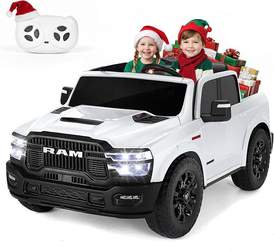 FUNTOK 24V 2 Seater Ride On Truck for Big Kids, Licensed RAM 2500 Kid's Electric Vehicles w/Remote Control, LED Light/Music/MP3/Bluetooth, Truck Bed Storage, Carry Wheels & Handle, Car for Kids 3-8