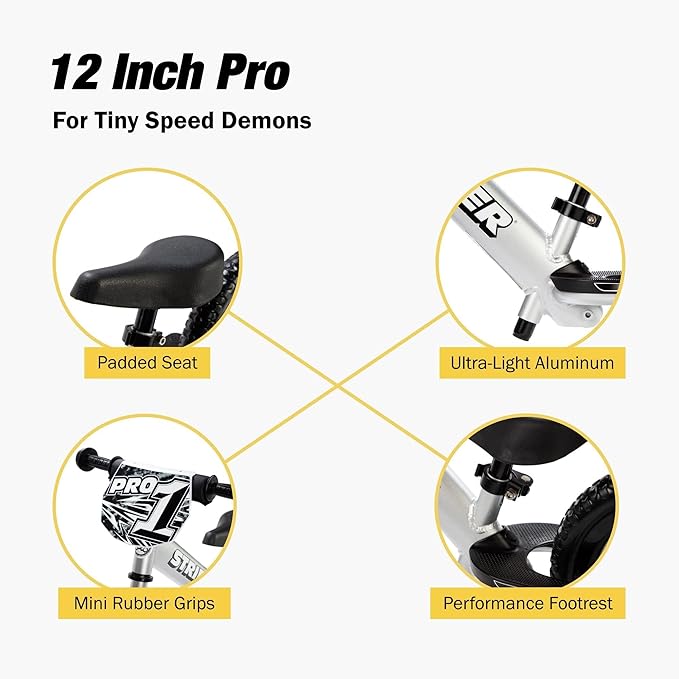 Strider 12” Pro Bike, No Pedal Balance Bicycle for Kids 1 to 4 Years - Includes Safety Pad, Padded Seat, Mini Grips & Flat-Free Tires - Tool Free