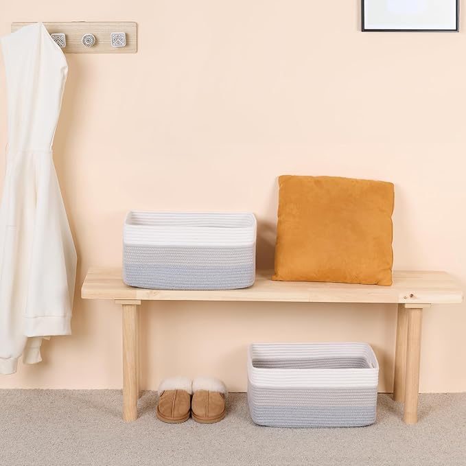 MiniArk Large Storage Baskets for Shelves, Closet Organizers Bins for Clothes Blanket Towels, Baby Nursery, Toy Baskets Box, Woven Rope Baskets, 17 x 13 x 7.5”, 2 Packs Gradient Grey