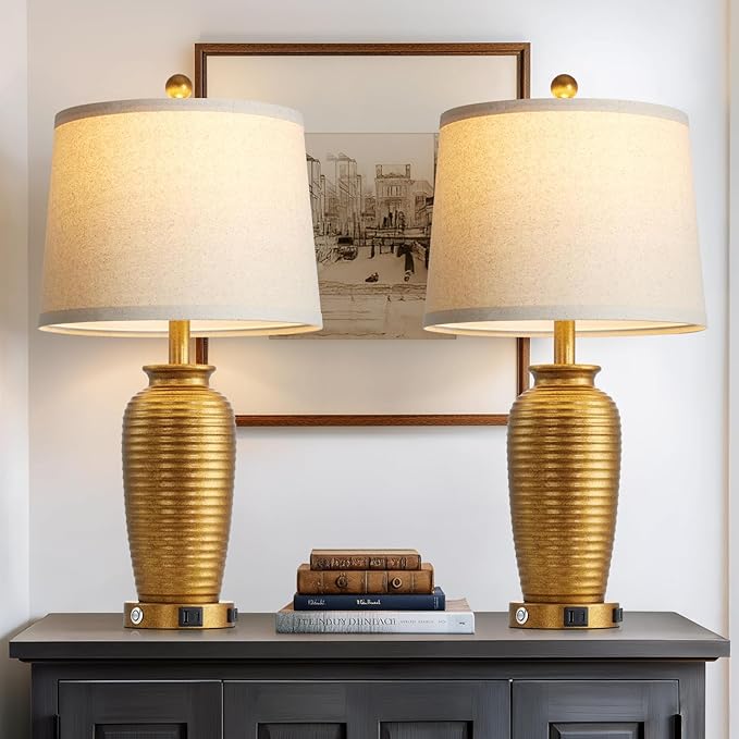 CINSARY 25" Retro Gold Farmhouse Jar Table Lamps Set of 2, 3 Way Touch Control Rustic Bedside Lamps with USB A+C Ports & AC Outlet, Pot Nightstand Lamps for Bedroom Living Room (LED Bulbs Included)