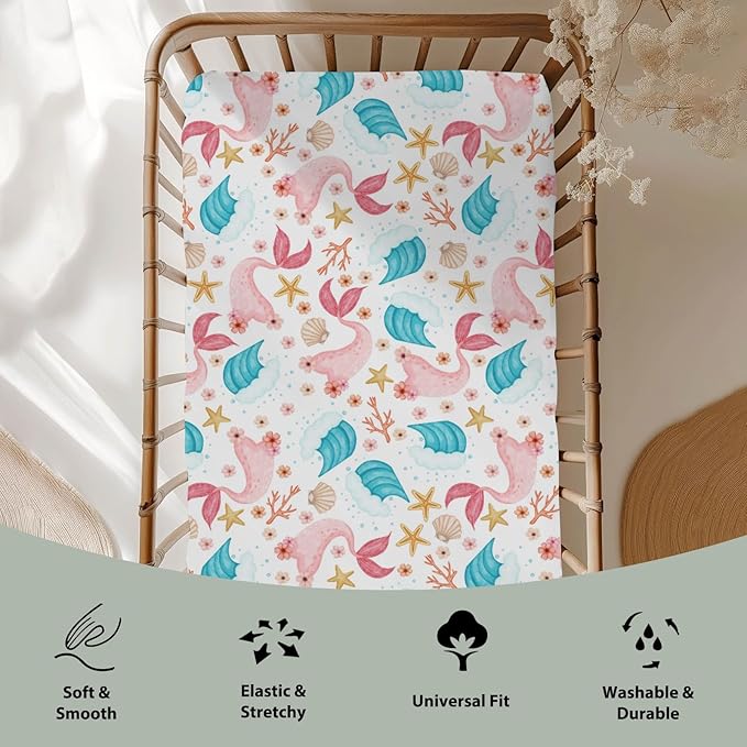 Mermaids Tails Baby Crib Sheets for Boy Girl 52x28Inch Fairytale Fish Floral Waves Starfish Conch Soft Snug Fitted Crib Mattress Cover Summer Beach Baby Sheet for Standard Crib & Toddler Bed Mattress