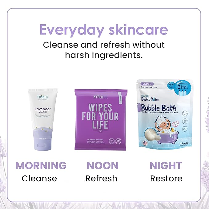 TruKid Bath Baby Essentials, Kids Skincare Set, Toddler Bubble Bath, Lavender Lotion and Body Wipes, Baby Shower Gift Set