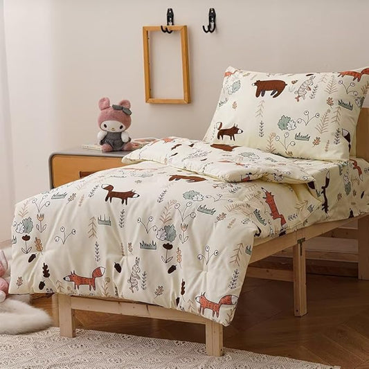 CLOTHKNOW Animal Toddler Bedding Sets for Boys, 4 Pieces Bedding Sets, Yellow Beige Bear Cartoon Pattern, Soft Crib Bed Set Including Comforter, Flat Sheet, Fitted Sheet and Pillowcase