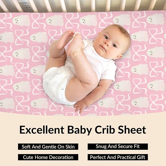 Halloween Spooky Pink Bows Baby Crib Sheets Cute Pastel Bows Soft Crib Sheet Spooky Season Fitted Crib Mattress Cover for Standard Crib and Toddler Mattresses 52"x28"
