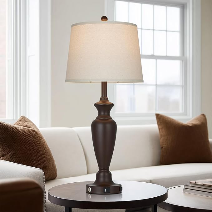 Cinyirong 30" Tall Metal Table Lamps Set of 2, Touch Control Bedside Lamps for Bedroom Nightstand, 3-Way Dimmable Farmhouse Lamp for Living Room with Charging Ports, Brown (2 LED Bulbs Included)