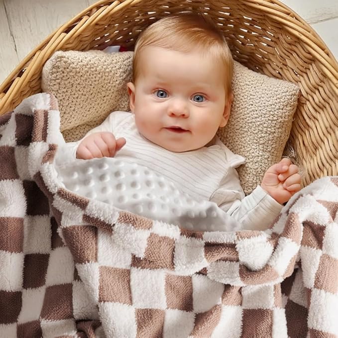 Soft Black and White Checkered Baby Blankets for Unisex Girls or Boys Breathable Gender Neutral Nursery Double Layer Blankets with Dotted Backing for Newborn Toddlers (Minky Brown)