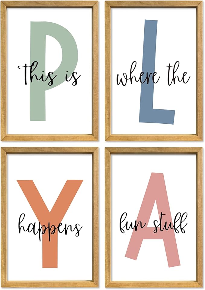 YWJKWLGS This Is Where The Fun Stuff Happens Kids Playroom Wall Decor 16"x11" Set of 4 Nursery Interesting Modren Wood Framed Let's Play Prints Sign for Boy Toddler Children Wall Hanging Art (Wood)