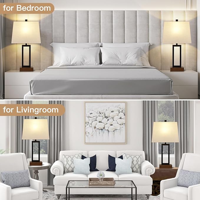 Lolikit Table Lamps Set of 2 with 2 USB Ports and AC Power Outlet, Modern Bedside Lamp, Wood Nightstand Lamp with Linen Shade for Living Room Bedroom End Table Hotel Desk(LED Bulb Included)