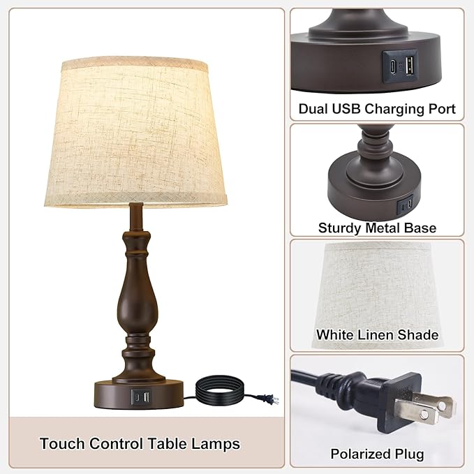 EJIAXIN Table Lamps for Bedrooms Set of 2 - Touch Bedside Lamps with USB C+A Ports - Dimmable Nightstand Lamps for End Tables Farmhouse Night Stand Lamps for Living Room Bed Side Guest Room