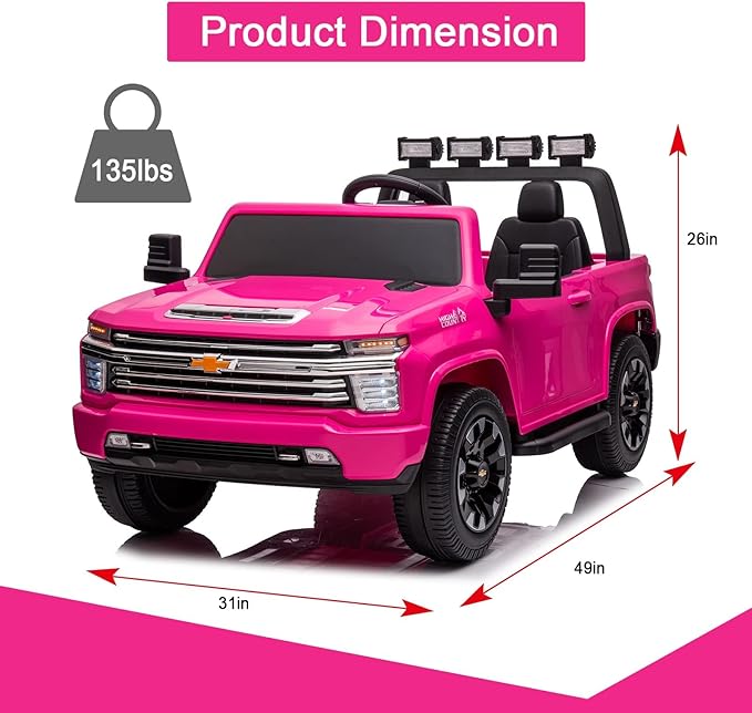 FINITO 24V 2 Seater Ride On Toy Car, Licensed Chevrolet Silverado Ride on Truck, 4WD Kids Electric car, LED Light, Bluetooth Music Player, Gift for Boys and Girls, for 3+ Kids (Pink)
