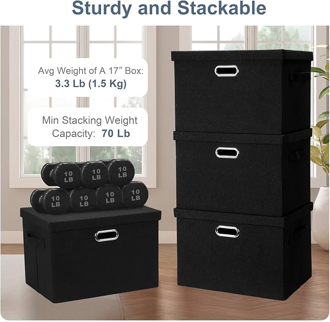 Graciadeco Large 17" 36 Quart Collapsible Stackable Storage Bins with Lids, 1 Pack Black Foldable Fabric Closet Storage Boxes with Lids, 4 Handles Heavy-duty Linen Cube Baskets for Bedroom