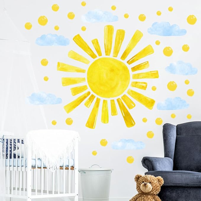 Eutecado Large Sun Wall Decals Cloud Polka Dots Wall Stickers for Girls Room, 12 Sheets Watercolor Sun Wall Decor Stickers Cute Cloud Wallpaper Delicate Decorations for Kids Room Bedroom